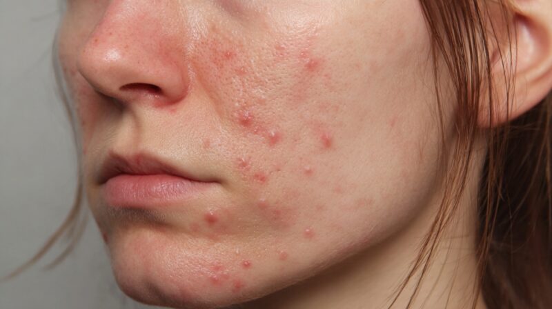 Close-up of facial skin showing inflamed acne breakouts concentrated on the chin and cheek area