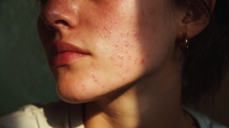 Close-up of a person’s cheek and chin with visible acne breakouts under dramatic lighting