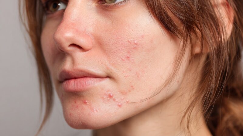 Close-up of a person’s face showing recurring acne on the cheek and chin areas