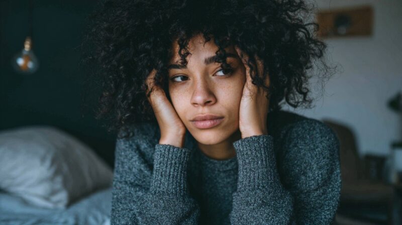 Person with curly hair sitting indoors with a thoughtful, tired expression, symbolizing hormonal and emotional stress