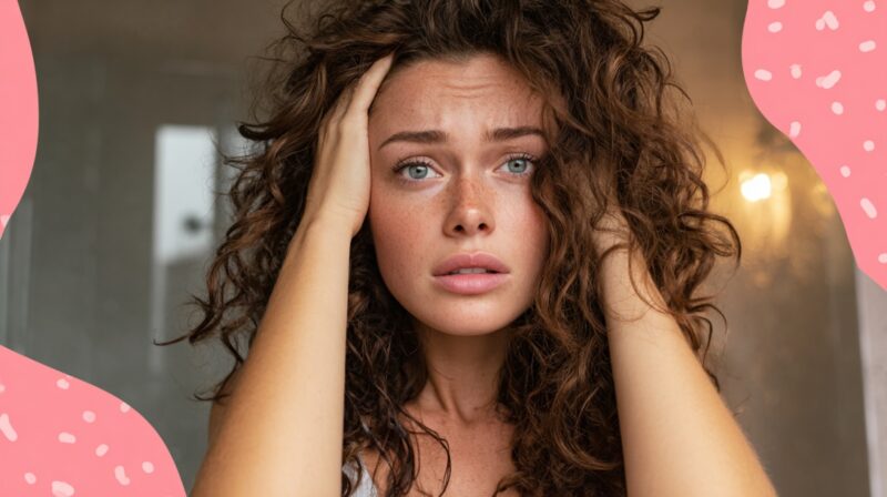 Close-up of a concerned person with curly hair holding their head, representing hormonal acne and skin stress