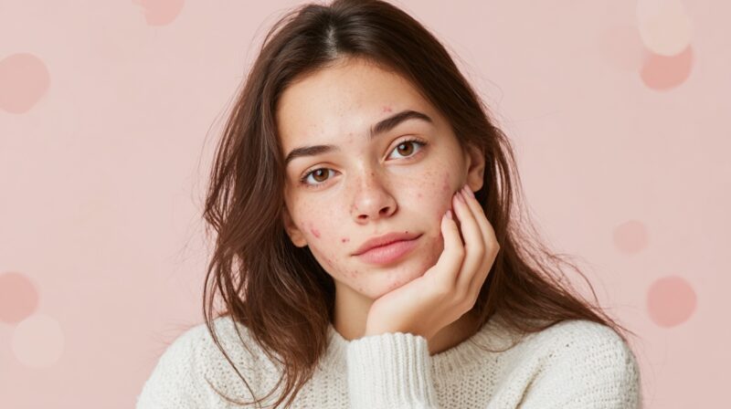 Young person with visible facial acne resting their face on their hand against a soft pink background