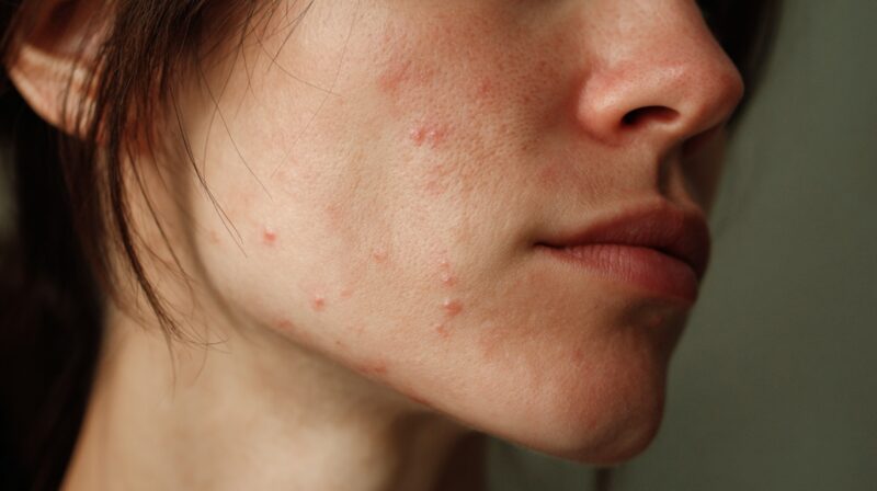Close-up side view of a face with mild acne concentrated around the chin and jawline
